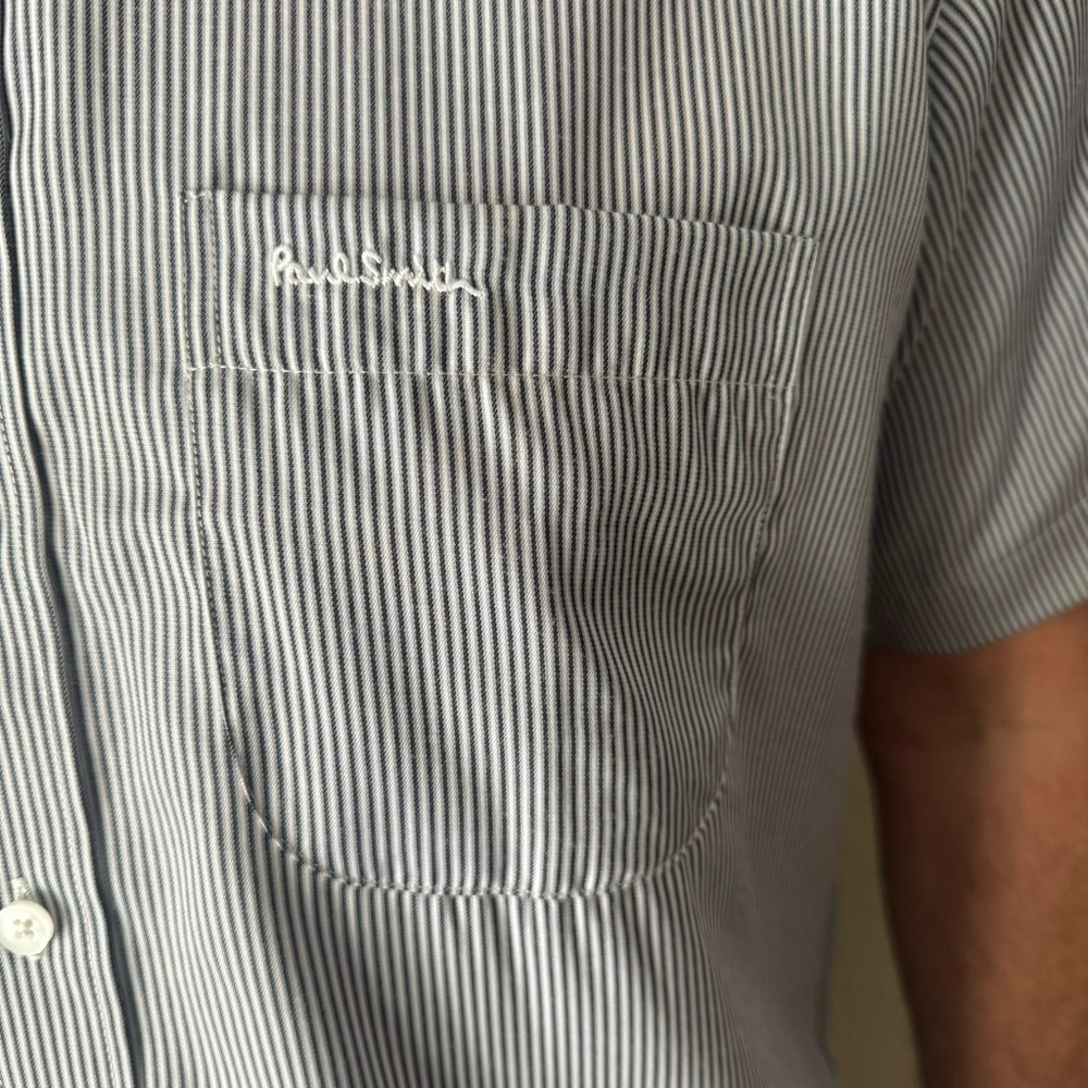 New PAUL SMITH London Short Sleeve Button Up Shirt Charcoal Grey White Stripes - Picture 6 of 16